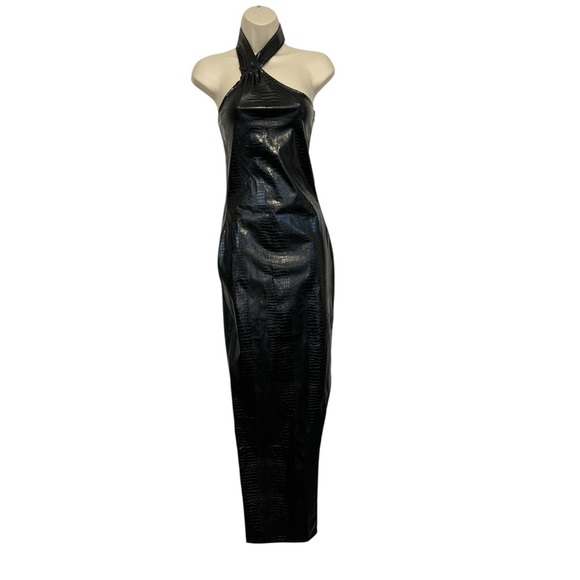 Simmi Maxi Bodycon Dress  Halter Neck, Leather Croc,  Solid Black, Size 2 - Picture 2 of 14